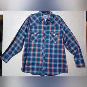 American Hero Mens XL Blue Green Plaid Western Pearl Snap Button Down Western